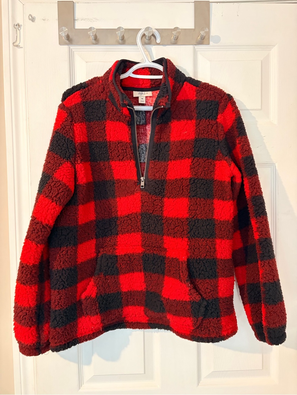 Style & Co. Red and Black Buffalo Plaid Sherpa Half-Zip Pullover